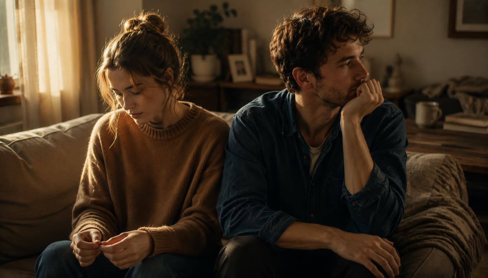 A couple sitting side by side in soft natural light
