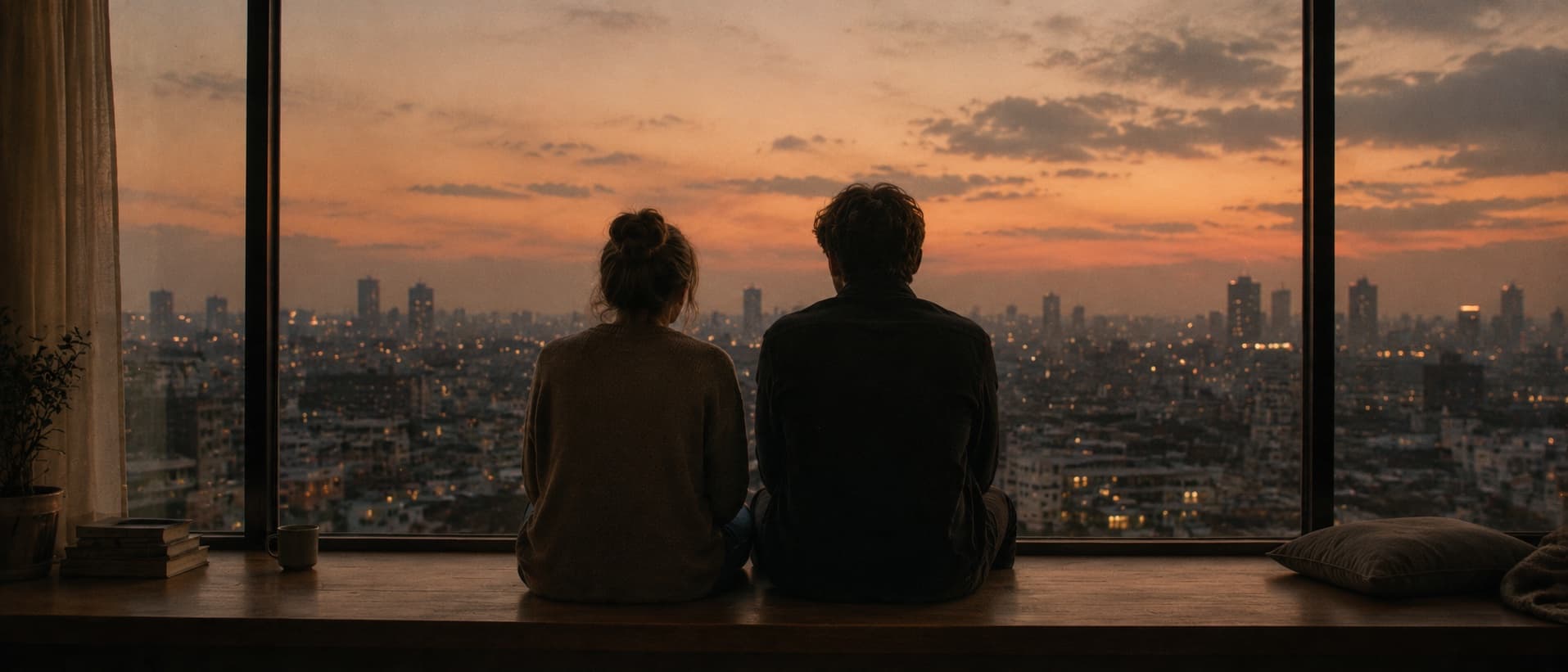 A couple together by the window at dusk